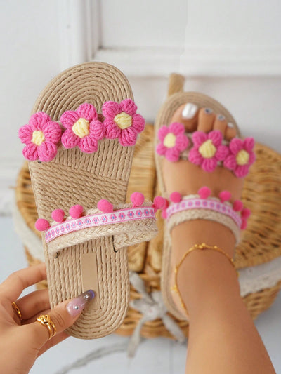 Vacation, Beach, and Beyond: Women's Flower Pompom Decor Flat Sandals