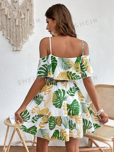 Island Paradise: Tropical Print Cold Shoulder Ruffle Hem Dress