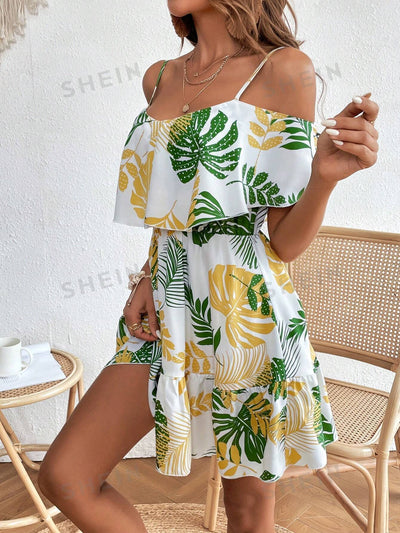 Island Paradise: Tropical Print Cold Shoulder Ruffle Hem Dress