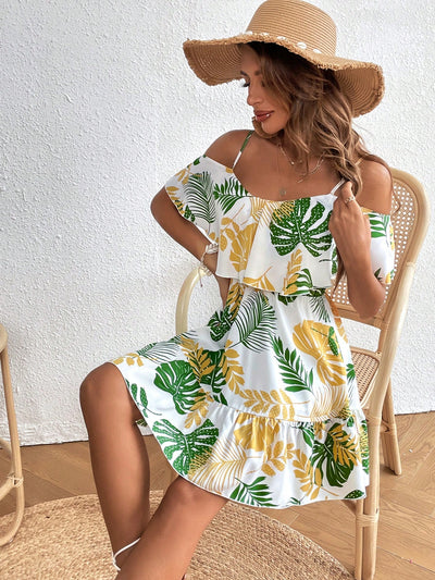 Island Paradise: Tropical Print Cold Shoulder Ruffle Hem Dress