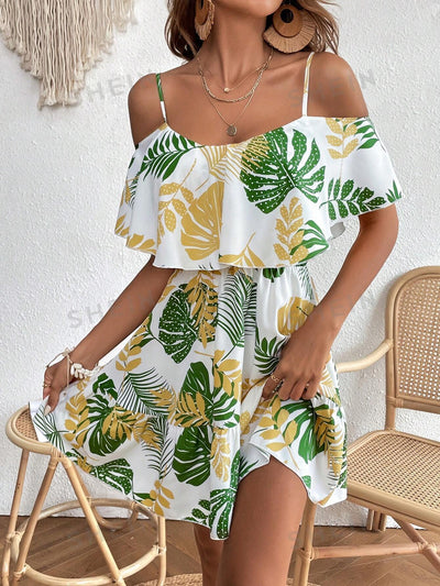 Island Paradise: Tropical Print Cold Shoulder Ruffle Hem Dress