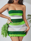 Stay Stylish and Chic with Our Summer Beach Color Block Lettuce Trim Pointelle Knit Tube Sweater Dress!