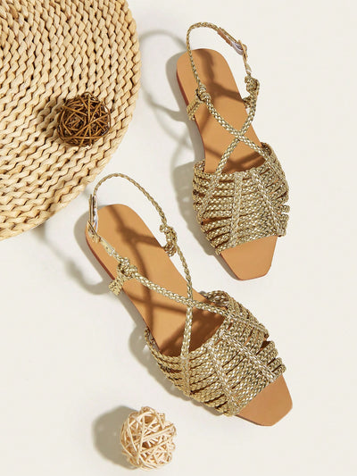 Boho Chic Faux Suede Braided Strap Flat Sandals with Flower Detail