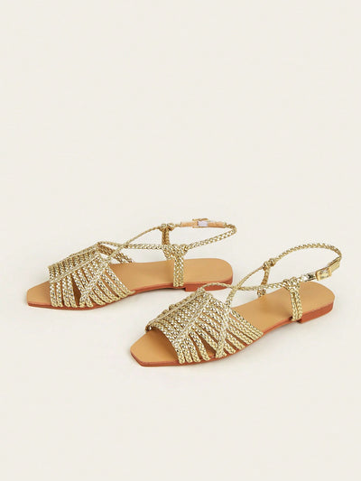 Boho Chic Faux Suede Braided Strap Flat Sandals with Flower Detail