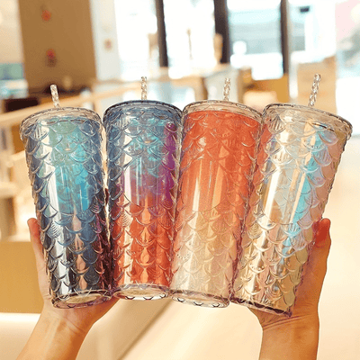 1pc Glossy Fish Scale Pattern Tumbler With Lid And Straw, Double Walled Plastic Water Bottle, Summer Winter Drinkware, Travel Accessories