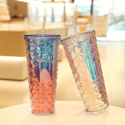 1pc Glossy Fish Scale Pattern Tumbler With Lid And Straw, Double Walled Plastic Water Bottle, Summer Winter Drinkware, Travel Accessories