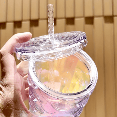 1pc Glossy Fish Scale Pattern Tumbler With Lid And Straw, Double Walled Plastic Water Bottle, Summer Winter Drinkware, Travel Accessories