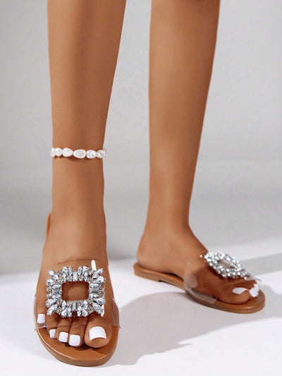 Sparkling Elegance: Women's Rhinestone Decor Clear Band Slide Sandals for Glamorous Summer Comfort