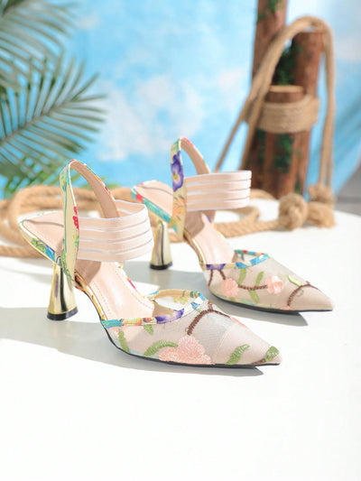 Chic and Feminine: Floral Embroidery Asymmetric High Heel Shoes for Women