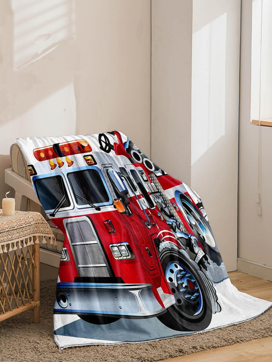 Cozy and Fun: Cartoon Fire Truck Patterned Flannel Soft Blanket