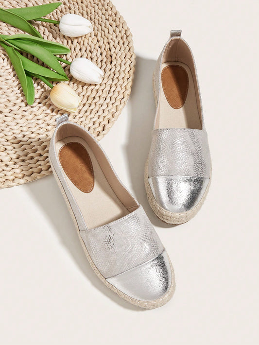 Step into summer with Shimmery Chic: Women's Metallic Slip-On Flats. These stylish flats are perfect for your next vacation, providing a shimmery touch to any outfit. With a slip-on design, they are easy to wear and comfortable for all-day wear. Elevate your summer style with these chic flats.