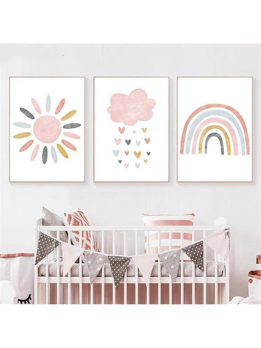 This frameless pink cartoon wall art set adds an adorable touch to any nursery. Made for baby and kids rooms, it brings a playful element with its cute design. Each piece is lightweight for easy hanging and can be arranged in any order. Brighten up your little one's room with this charming set.