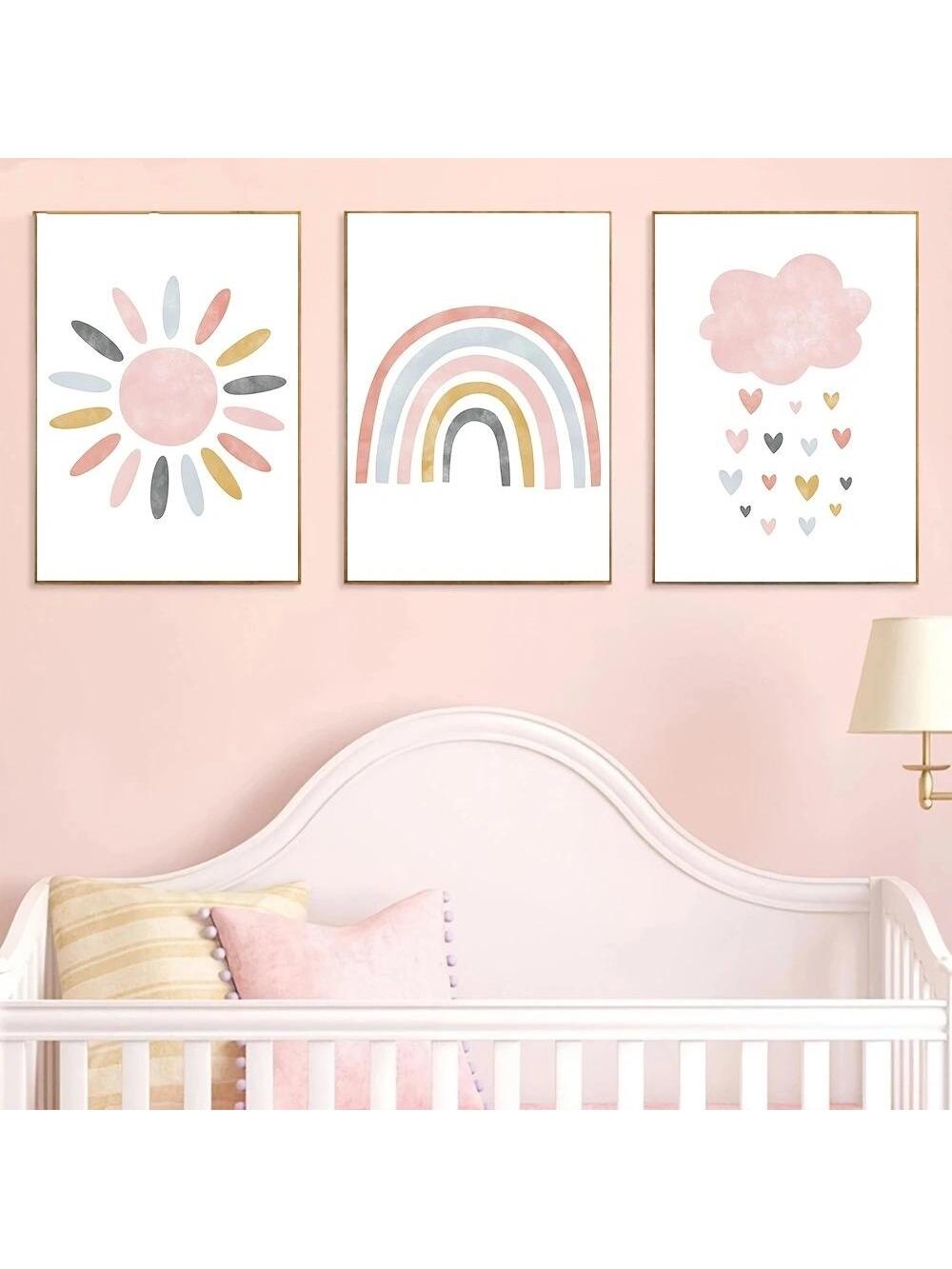 This frameless pink cartoon wall art set adds an adorable touch to any nursery. Made for baby and kids rooms, it brings a playful element with its cute design. Each piece is lightweight for easy hanging and can be arranged in any order. Brighten up your little one's room with this charming set.