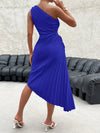 Radiant Rainbow: One-Shoulder Cut Out Waist Pleated Gradient Asymmetrical Hem Dress