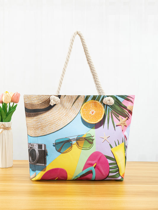 Featuring a beach-inspired design, this large tote bag is perfect for leisure activities, holiday shopping, and more! Its spacious interior offers plenty of room for all your essentials, making it the perfect companion for any outing. Stay stylish and organized with this versatile tote bag.