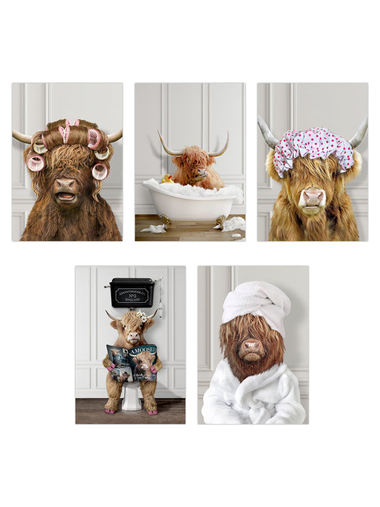 5-Piece Animal Bathroom Wall Art Set - Minimalist Cow Art Prints for Animal Lovers
