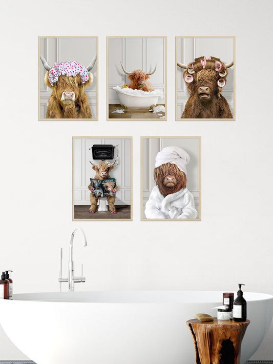 Upgrade your bathroom decor with our 5-piece animal wall art set. These minimalist cow prints are perfect for animal lovers and will add a touch of sophistication to any space. Made with high-quality materials, they are durable and easy to hang. Enhance your home with these charming pieces today.