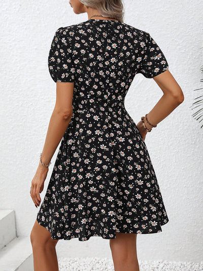 Bloom in Style: Floral Print Plunging Neck Puff Sleeve Dress