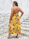 Summer Vibes: Plus Size Tropical Print Halter Neck High Slit Dress