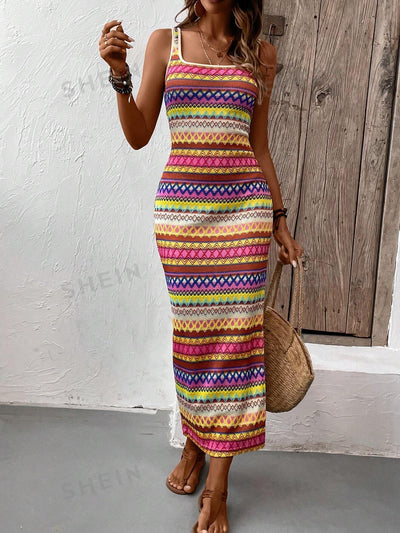 Geo-Printed Slim Fit Slip Long Dress: Your Perfect Summer Beach Companion