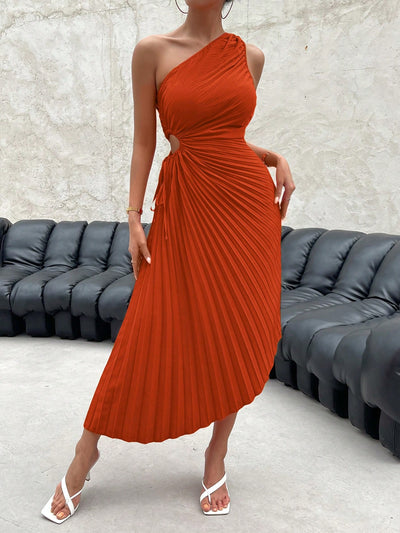 Radiant Rainbow: One-Shoulder Cut Out Waist Pleated Gradient Asymmetrical Hem Dress