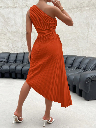 Radiant Rainbow: One-Shoulder Cut Out Waist Pleated Gradient Asymmetrical Hem Dress