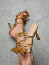 Glamorous Gold Heeled Sandals: Metallic Lizard Embossed Twist-Strap Mule Sandals for Women