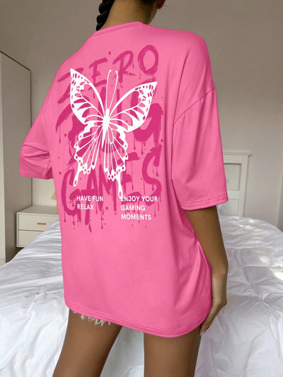Fluttering in Style: Butterfly Slogan Graphic Drop Shoulder Oversized Tee