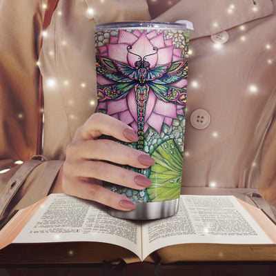 20oz Exquisite Lotus Flower and Dragonfly Tumbler: Stylish and Insulated Travel Coffee Mug for Women