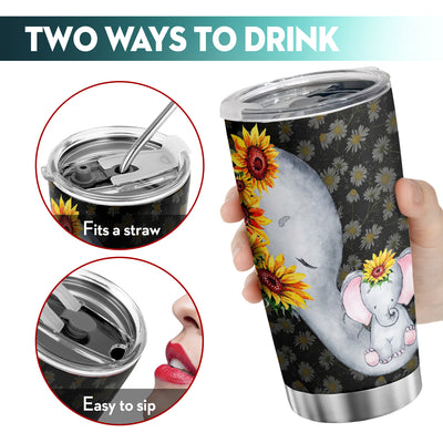 20oz Elephant & Sunflower Double Wall Vacuum Insulated Tumbler, Stainless Steel Water Bottle With Straws For Office, Coffee Cup