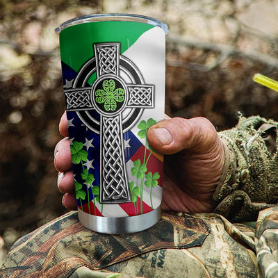 Cross Flag Stainless Steel Tumbler - 20 oz Cup with Lid: Clover Travel Mug for Saint Independences Day; Perfect Gifts for Men, Patriots