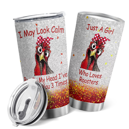 The 'Who Loves Roosters' 20oz Chicken With Glass Vacuum Insulated Tumbler is perfect for keeping your favorite hot and cold drinks safely insulated. Featuring double wall vacuum insulation, this tumbler keeps drinks hot for up to four hours and cold for up to eight. Enjoy your beverages the way they were meant to be enjoyed!