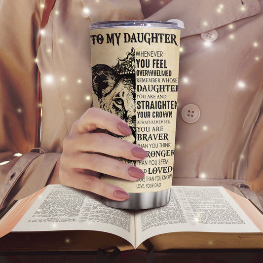 This 20oz Lion and 'To My Daughter' Tumbler is perfect for expressing your love and appreciation for her. Constructed with double-walled, vacuum-insulated stainless steel to maintain optimal drink temperature for hours. An ideal gift for any special daughter.