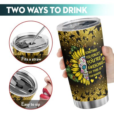 20oz You Are My Sunshine & Sunflower Skull Tumbler - Motivational Travel Cup for Coffee, Tea, and Water - Stainless Steel Vacuum Thermos