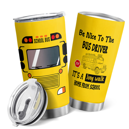 Keep your morning coffee warm with this 20oz stainless steel tumbler. The yellow school bus design and lid make this mug perfect for back to school season. It's a great travel companion for school bus drivers and students alike.