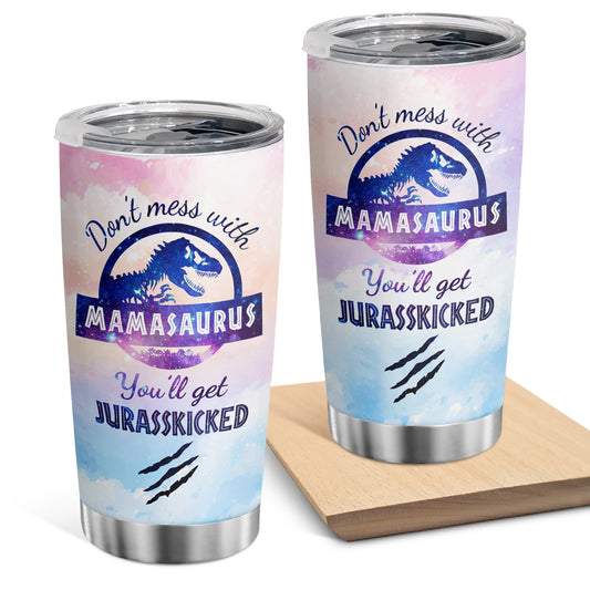 This 20oz Colorful Mamasaurus Tumbler is the perfect funny Mother's Day or Birthday gift for any mom. Crafted from stainless steel and double wall insulated, it will keep drinks hot or cold for hours. Its thoughtful design makes it a unique and memorable present for Mom.