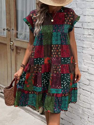 Boho Chic Patchwork Print Batwing Sleeve Dress