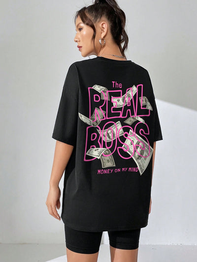 Simple Chic: Women's Loose Fit Letter Print T-Shirt for Spring and Summer