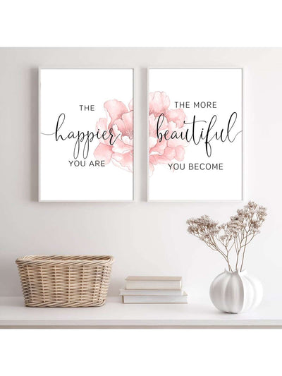 Happier Beautiful Fashion Quotes Slogan Canvas Print: Modern Motivational Wall Art for Girl's Pink Room Decoration