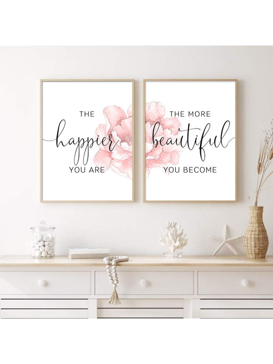 Happier Beautiful Fashion Quotes Slogan Canvas Print: Modern Motivational Wall Art for Girl's Pink Room Decoration
