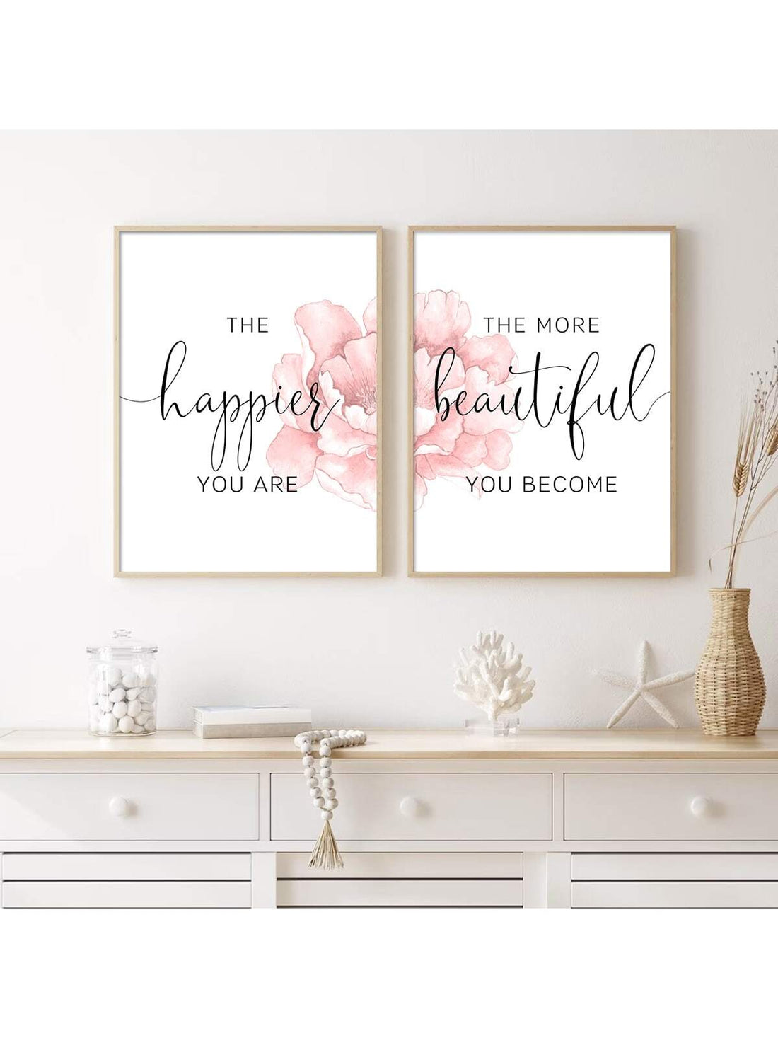Elevate your girl's room with our Happier Beautiful Fashion Quotes Slogan Canvas Print. Featuring modern motivational wall art in a playful pink color, this decoration will add a touch of inspiration to her space. Perfect for the stylish and confident girl in your life.