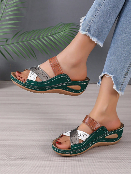 Upgrade your summer style with Sparkling Comfort: Women's Rhinestone-Decorated Wedge Slide Sandals. Adorned with rhinestones, these sandals add a touch of glamour to any outfit. The comfortable wedge heel provides both style and support for all-day wear. Elevate your fashion game this season.