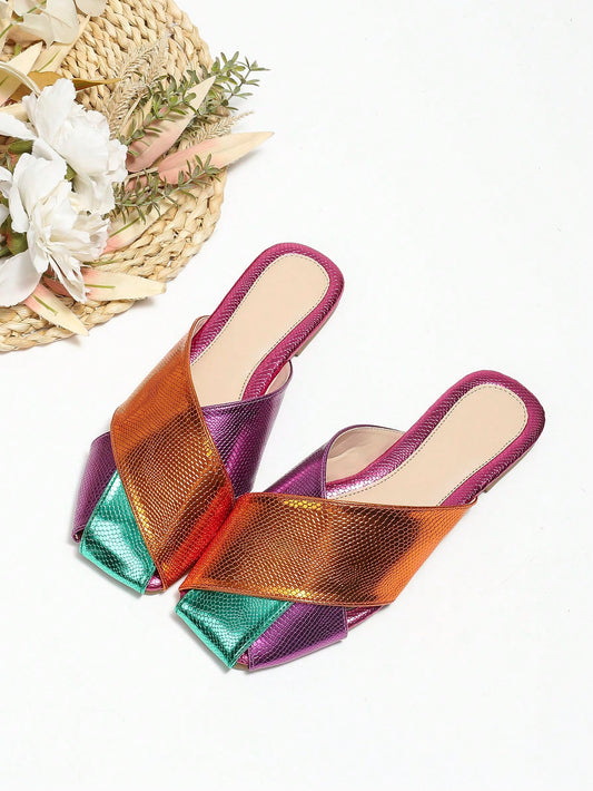 Colorblock Snakeskin Embossed Square Toe Mule Flats: The Funky Must-Have for Women