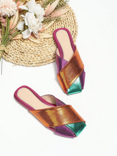 Colorblock Snakeskin Embossed Square Toe Mule Flats: The Funky Must-Have for Women