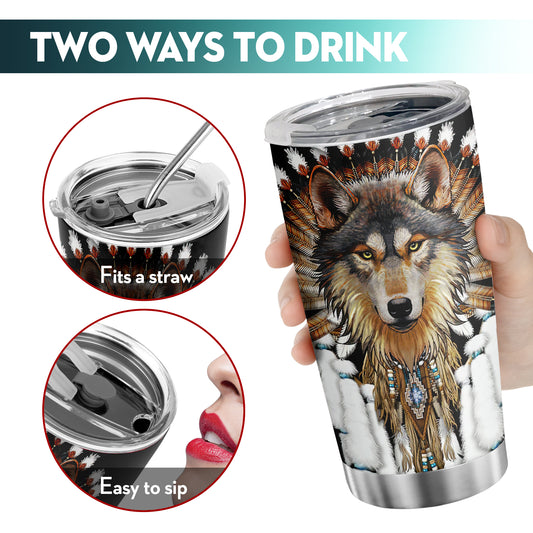 20oz Native American Wolf Insulated Travel Coffee Mug - Perfect Gift for Wolf Lovers