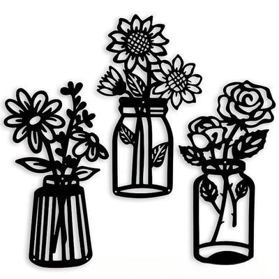 Elegant Black Metal Art Flower Wall Decor Set: Enhancing Your Home with Modern Iron Vase Wall Art