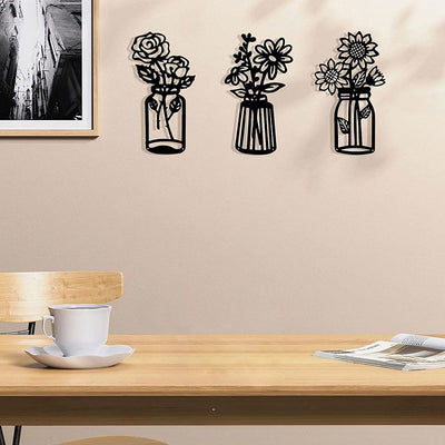 Elegant Black Metal Art Flower Wall Decor Set: Enhancing Your Home with Modern Iron Vase Wall Art