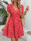 Bloom in Style: Floral Print Plunging Neck Puff Sleeve Dress