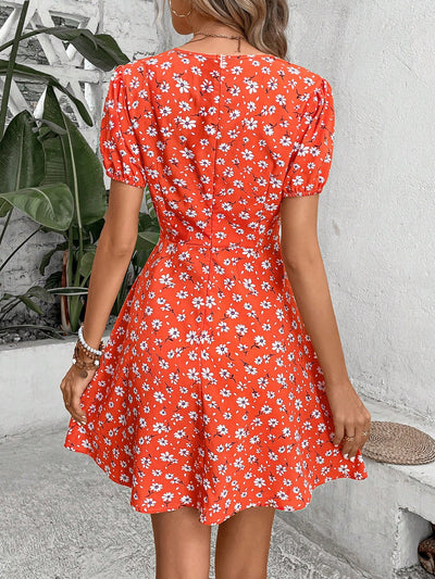 Bloom in Style: Floral Print Plunging Neck Puff Sleeve Dress