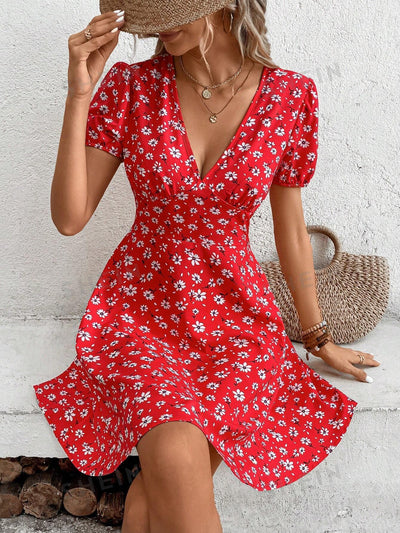 Bloom in Style: Floral Print Plunging Neck Puff Sleeve Dress